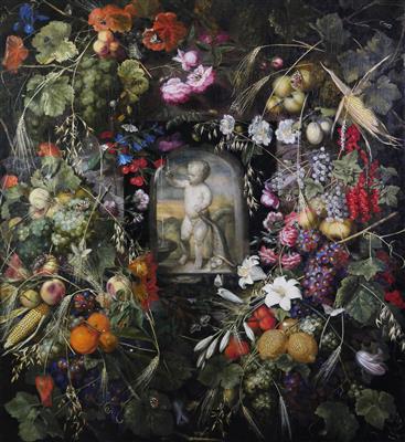 A garland of flowers and fruit around a niche with a putto, holding a horn of plenty