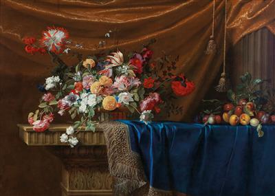 A still life of a basket of flowers and a mound of fruit on a sculpted stone table, partly covered with a blue velvet, gold-and-silver fringed cloth with drapery and a stone column in the background,