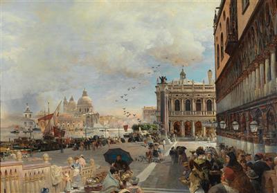 Venice, a view of the Piazzetta, with the Biblioteca Marciana, Santa Maria della Salute and the Dogana by Oswald Achenbach - Auction record, sale price, and art valuation. Compare with similar artists and explore comparable artworks.
