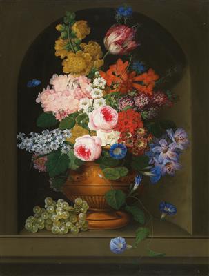 Large still life with vetch, roses, evening primrose and hyacinths