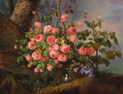 Still life of roses with a butterfly, a dragonfly and a bird by Franz Xaver Gruber - Auction record, sale price, and art valuation. Compare with similar artists and explore comparable artworks.