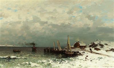 Fishing Port in Winter with Steamboat