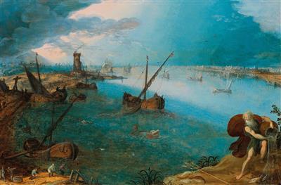A wide harbor scene with fishermen and the Seagod Neptune, a town in the distance
