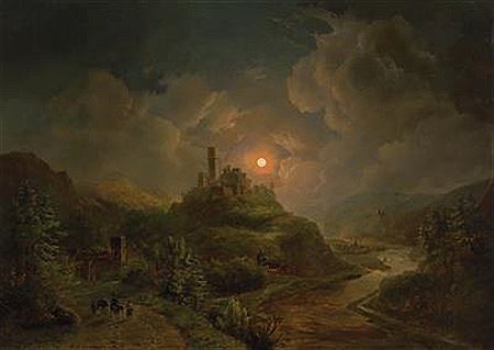 Moonlit night with castle ruins and a town by the river