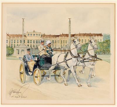 Kaiser Franz Joseph I. in Kutsche vor Schloß Schönbrunn