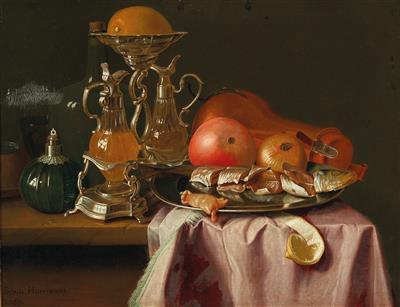 A pair of still lifes: (1) A kitchen still life with vegetables and a plucked cockerel and A still life of fruit in a silver ménage