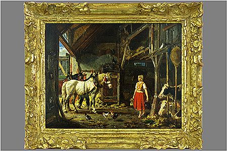 Boerinnetje bij paarden in een stal