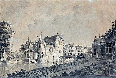 View of the Gate Weerd, the Sand Bridge and houses on the Old Canal in Utrecht