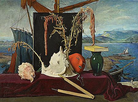 Nature morte au paysage maritime et au masque rouge