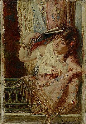 Jeune femme à l’éventail au balcon