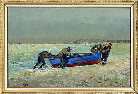 Fishermen hauling a dory onto shore