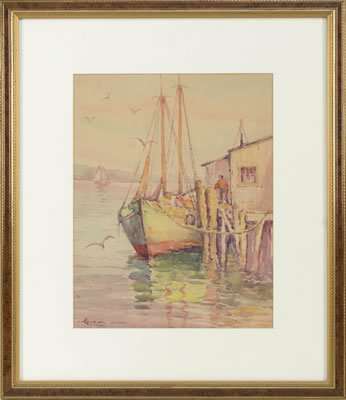 Figure standing on a dock near a sailing vessel. by Harold Brown - Auction record, sale price, and art valuation. Compare with similar artists and explore comparable artworks.