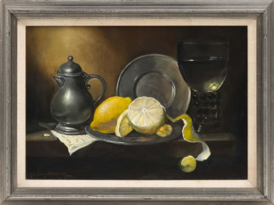 Still life of lemons and pewter