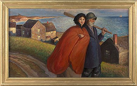 A young woman and a captain on an evening stroll, likely Chatham, Massachusetts.