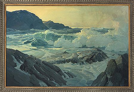 Sunset over crashing waves