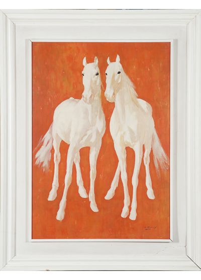 Caballos blanco sobre fondo rojo