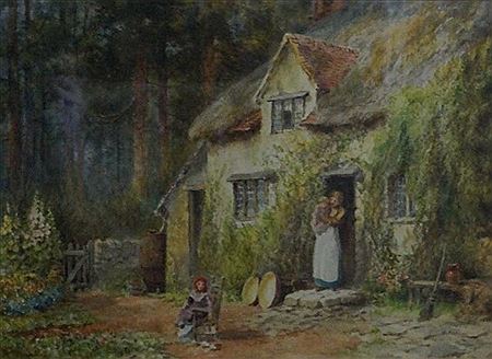 'Country cottage family scene'