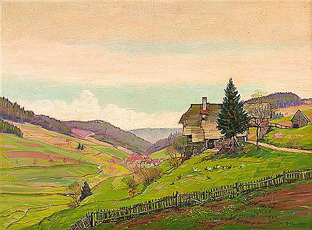 Frühling im Schwarzwald mit Blick auf ein am Hang stehendes Bauerngehöft inmitten grüner Wiesen
