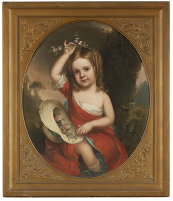 Portrait of a young girl in a red dress holding a straw hat filled with flowers