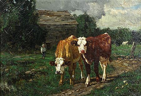 Farm Scene with Cattle and Farmer standing in front of a Barn