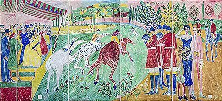 Ensemble de trois scènes: l'hippodrome de Morges, la présentation des chevaliers au couple royal et une danseuse au cheval