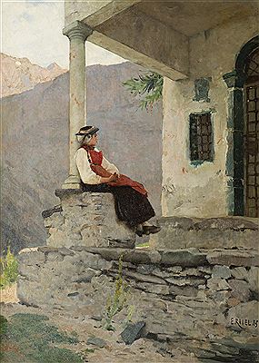 Jeune évolènarde devant la Chapelle de la Garde