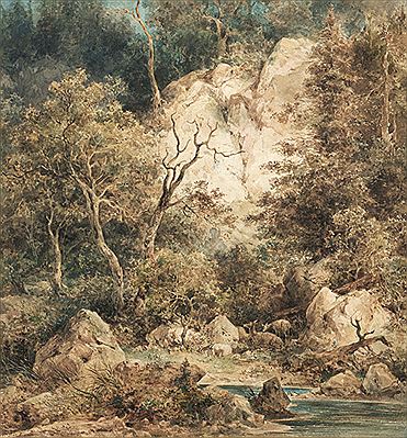 Waldlichtung mit Rehen am Bach