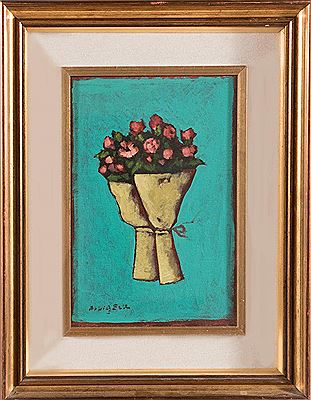 "MAZZO DI FIORI SU FONDO AZZURRO"