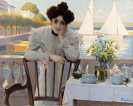 Sample artwork by Gustave Poetzsch (1870 - 1950), known for fashionable women, beach scenes, marine, landscapes and portrait painting - View similar artists and auction records