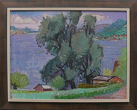 "Bodenseelandschaft am Untersee"; Blick von Eschenz (Schweizer Ufer) auf den See mit Wangen und Mammern; mittig Weidenbäume by Jean Paul Schmitz - Auction record, sale price, and art valuation. Compare with similar artists and explore comparable artworks.