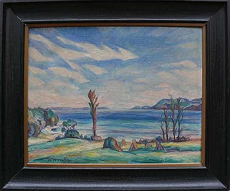 "Bodenseelandschaft"; Partie am Untersee mit Blick von der Höri auf den See und gegenüberliegende Schweiz; farbkräftige Stimmung in Blau- und Grautönen