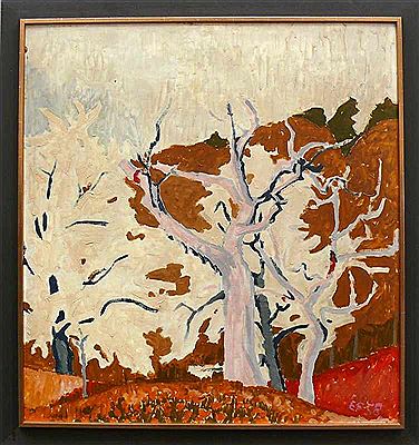 "Landschaft mit Bäumen"; am linken Bildrand eine Person