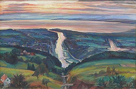 "Rheinmündung" in den Bodensee von einer Anhöhe (Berg) bei Fussach; Abendstimmung
