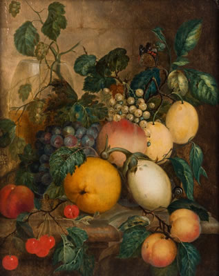 "Still Life with Fruit, Glassware, and Insects"
