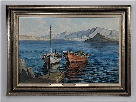 Boats docked in a Greek harbor with mountains beyond by Antonis Karafyllakis - Auction record, sale price, and art valuation. Compare with similar artists and explore comparable artworks.