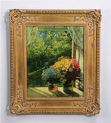 Still life depicting a bouquet of hydrangeas on a window sill by Ensuo Wang - Auction record, sale price, and art valuation. Compare with similar artists and explore comparable artworks.