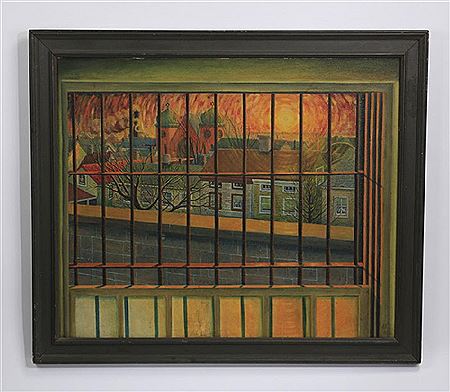 Landscape depicting a radiating sunset over a village with two synagogues in the distance as seen through a window with iron bars by Harry Campbell - Auction record, sale price, and art valuation. Compare with similar artists and explore comparable artworks.
