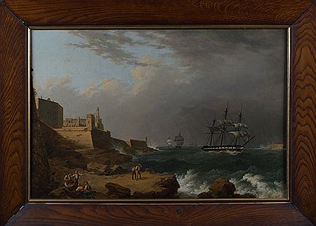 A NAVAL FRIGATE ENTERING VALLETTA HARBOUR, WITH FIGURES ON THE FORE-SHORE