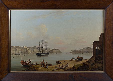 VALLETTA HARBOUR WITH A NAVAL FRIGATE AT ANCHOR