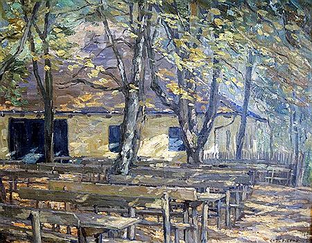Verlassener Biergarten im Herbst