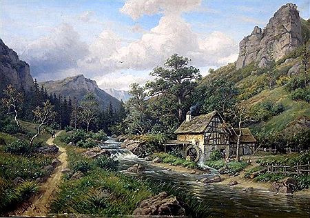 Wildbach mit Mühle und Wanderer