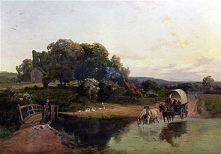 Horses and cart crossing a ford, a church beyond by Thomas Pyne - Auction record, sale price, and art valuation. Compare with similar artists and explore comparable artworks.