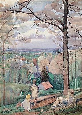 Les enfants du peintre regardant la vallée