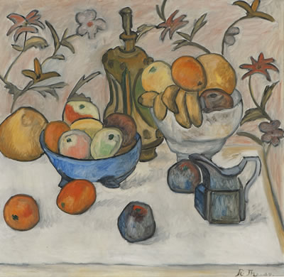 Oppstilling med krukker, karaffel og frukt 1924 by Rudolf Thygesen - Auction record, sale price, and art valuation. Compare with similar artists and explore comparable artworks.