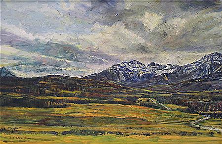 FOOTHILLS LANDSCAPE WITH STORM BREWING OVER THE MOUNTAINS;1977 by Jack Rigaux - Auction record, sale price, and art valuation. Compare with similar artists and explore comparable artworks.