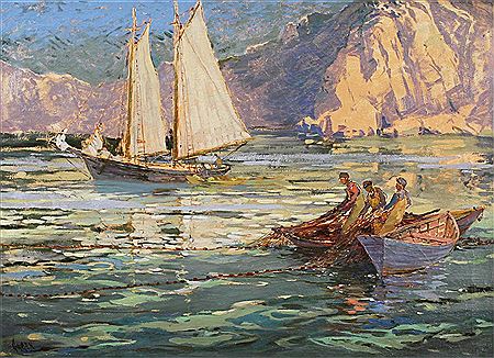ST. LAWRENCE SCENE WITH SAILBOAT AND FISHERMEN HAULING IN THEIR NETS
