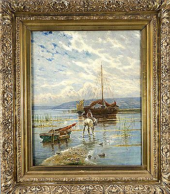 Wasserlandschaft mit Fischerboot, Reiter und Enten