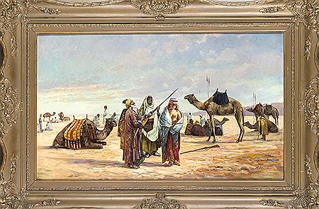 Sklavenhändler mit junger Sklavin in Nordafrika, vielfigurige Szene in einer weiten Wüstenlandschaft, im Hintergrund eine rastende Gruppe von Arabern mit Kamelen