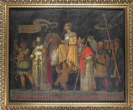 Große deutsche Friedensprozession mit Fahnenträger (et in Terra Pax hominibus), König, Bischof, Arbeiter und die Personifikation des Friedens