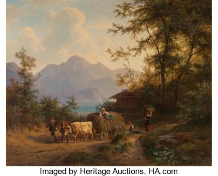 Mountain Landscape with Hay Wagon and Farmers